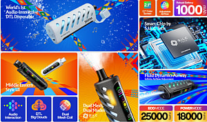 Promotional image featuring the VozoL Pod System, highlighting features such as the world's first audio-interactive DTL disposable, robust 1000 mAh battery, smart chip by Si.L.C Tech, dual mesh coil, adjustable airflow, color screen, and eco and power modes for 25000 and 18000 puffs respectively.