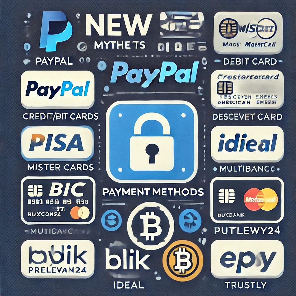 Méthodes de paiement incluant PayPal, cartes de crédit/débit, Bitcoin, et divers autres services de paiement numérique dont les logos sont affichés.