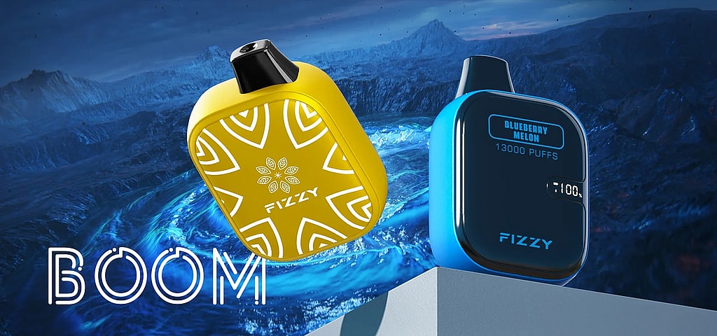 Fizzy Boom 13k Puffs Disposable Vape - BANNER - SleekVape Two colorful disposable vapes, one yellow and one blue, with the brand name "Fizzy" and the flavor "Blueberry Melon 13000 Puffs" displayed, set against a background of swirling blue waves and icy mountains.