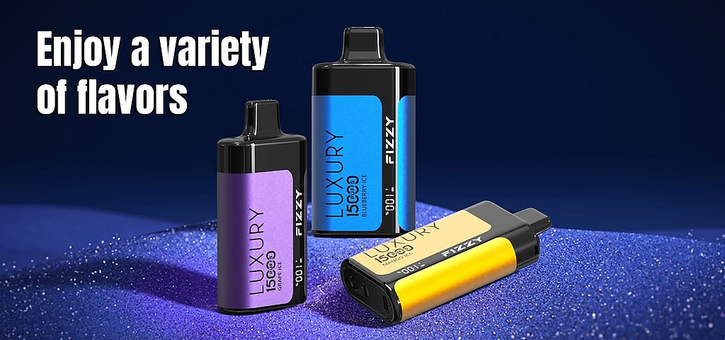 Fizzy Luxury 15000 Puffs Disposable Vape Banner - SleekVape Three colorful disposable vape devices labeled "Luxury Fizzy" in purple, blue, and yellow, displayed on a sparkling blue surface with the text "Enjoy a variety of flavors" above.
