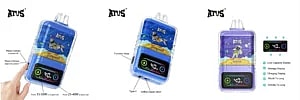 Three images showcasing ATUS brand compact vaping devices with digital displays, colorful outer designs featuring astronaut illustrations, labeled interactive buttons and features, including power adjustment and mode settings.