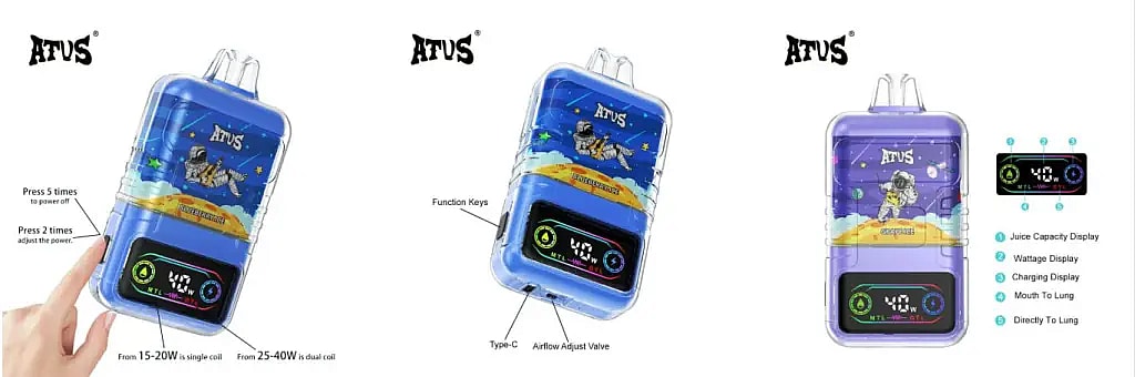 Three images showcasing ATUS brand compact vaping devices with digital displays, colorful outer designs featuring astronaut illustrations, labeled interactive buttons and features, including power adjustment and mode settings.