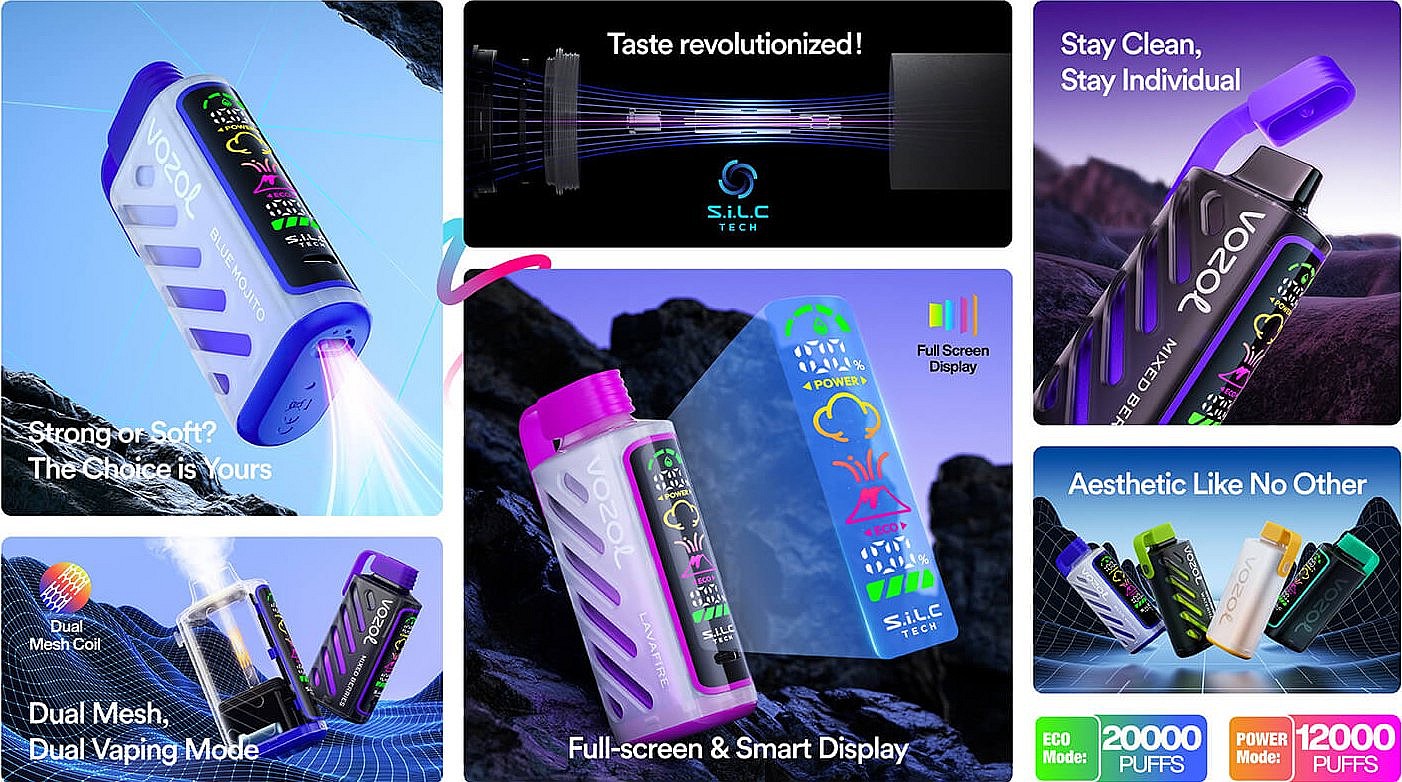 Vozol Gear Power 20000 - Feature - SleekVape Vozol Gear Power 20000 vape device in vibrant colors, highlighting its compact design, large e-liquid capacity, and 20,000 puff capability, perfect for long-lasting and stylish vaping experiences.