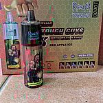 RandM Tornado vape device and packaging featuring a "Red Apple Ice" flavor. The packaging showcases a muscular cartoon character holding an apple and includes details such as "10000 puffs" and "Mesh Coil Technology."