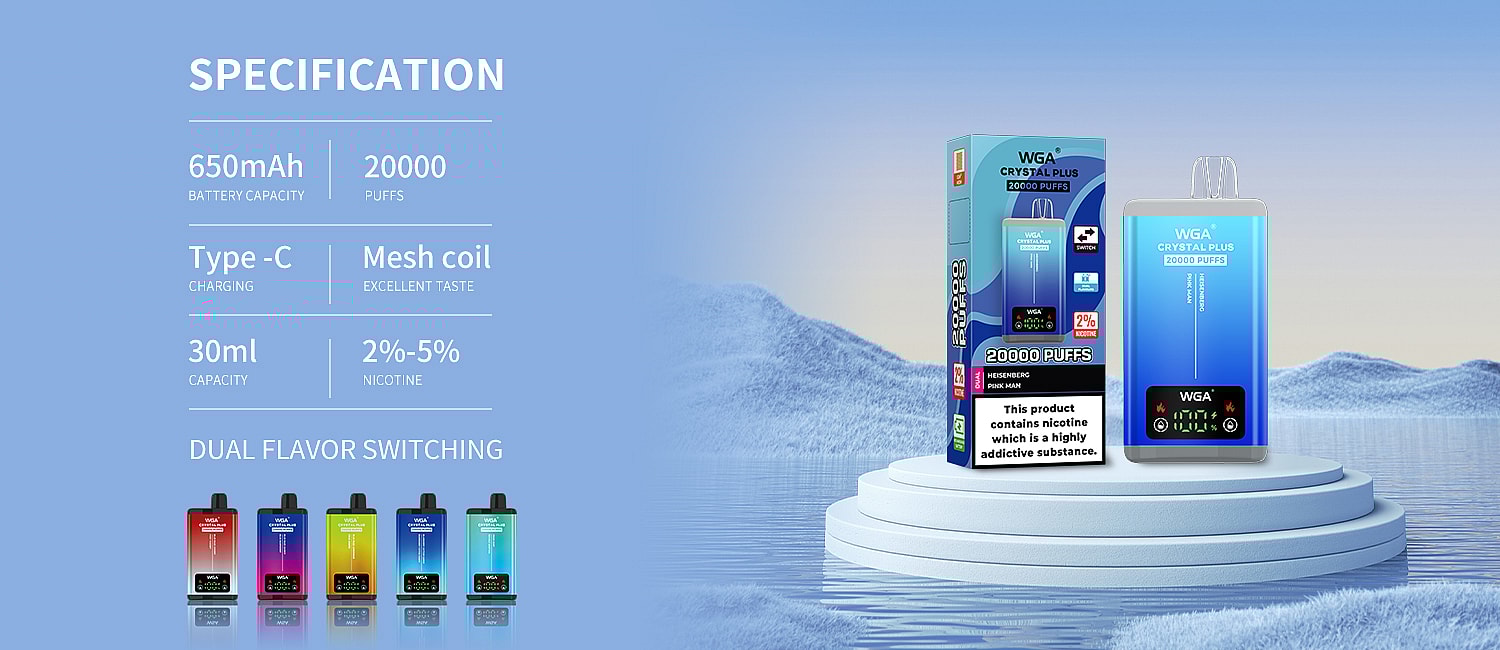WGA Vape Crystal Pro Max 20000 20k Puffs - Dual Flavors Switch Taste - Features - 2 - SleekVape Dual-flavor WGA Vape Crystal Pro Max 20000, offering 20k puffs, showcasing sleek design with a flavor switch feature for a premium vaping experience.
