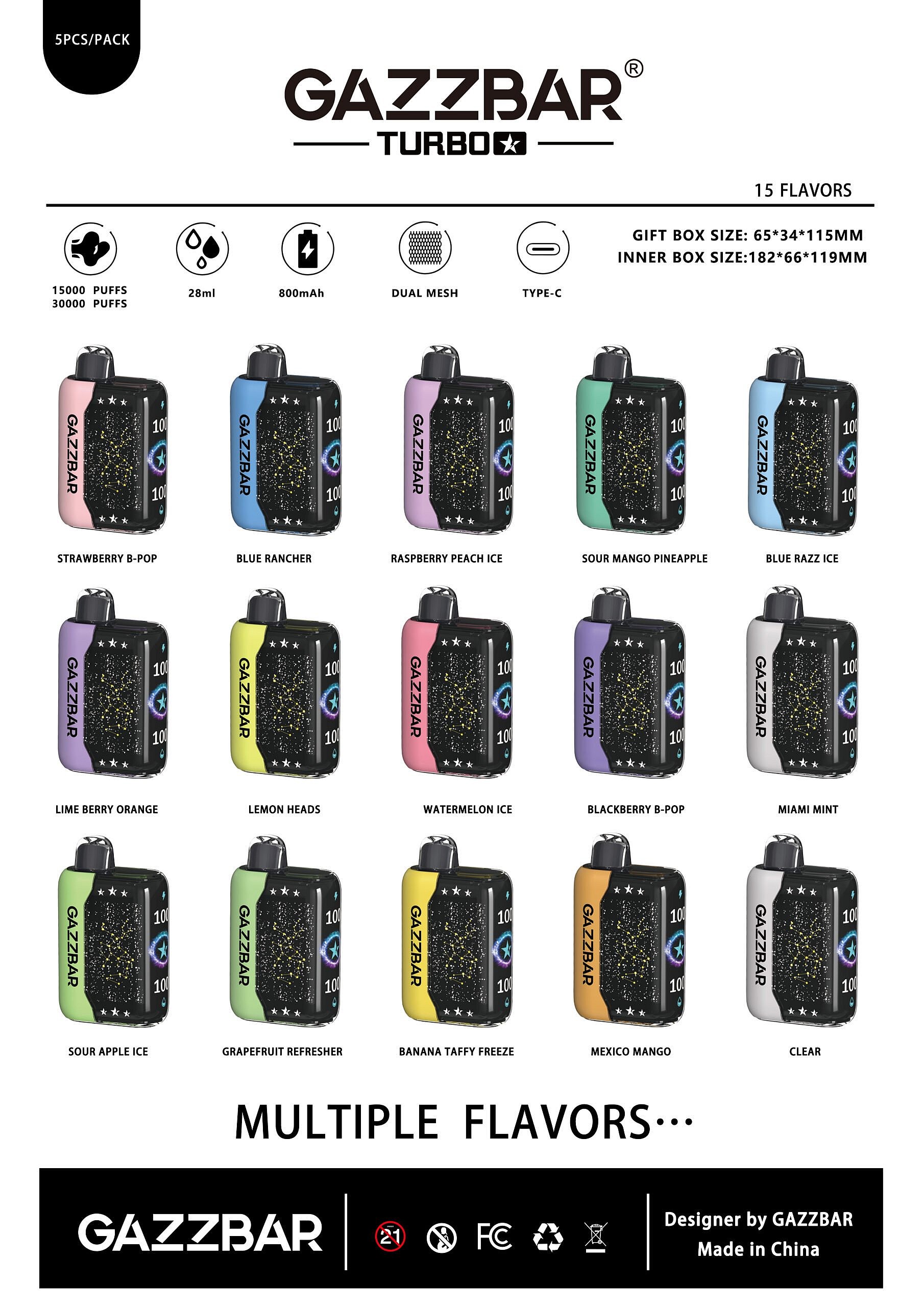 Gazzbar 30000 Disposable Vape - Unleash 30k Puffs of Premium Flavor and Style - Flavor List - SleekVape A selection of 15 GAZZBAR Turbo disposable vapes in various colors and flavors, each with 15,000-30,000 puffs, 28ml liquid, 800mAh battery, dual mesh coil, and USB Type-C charging.
