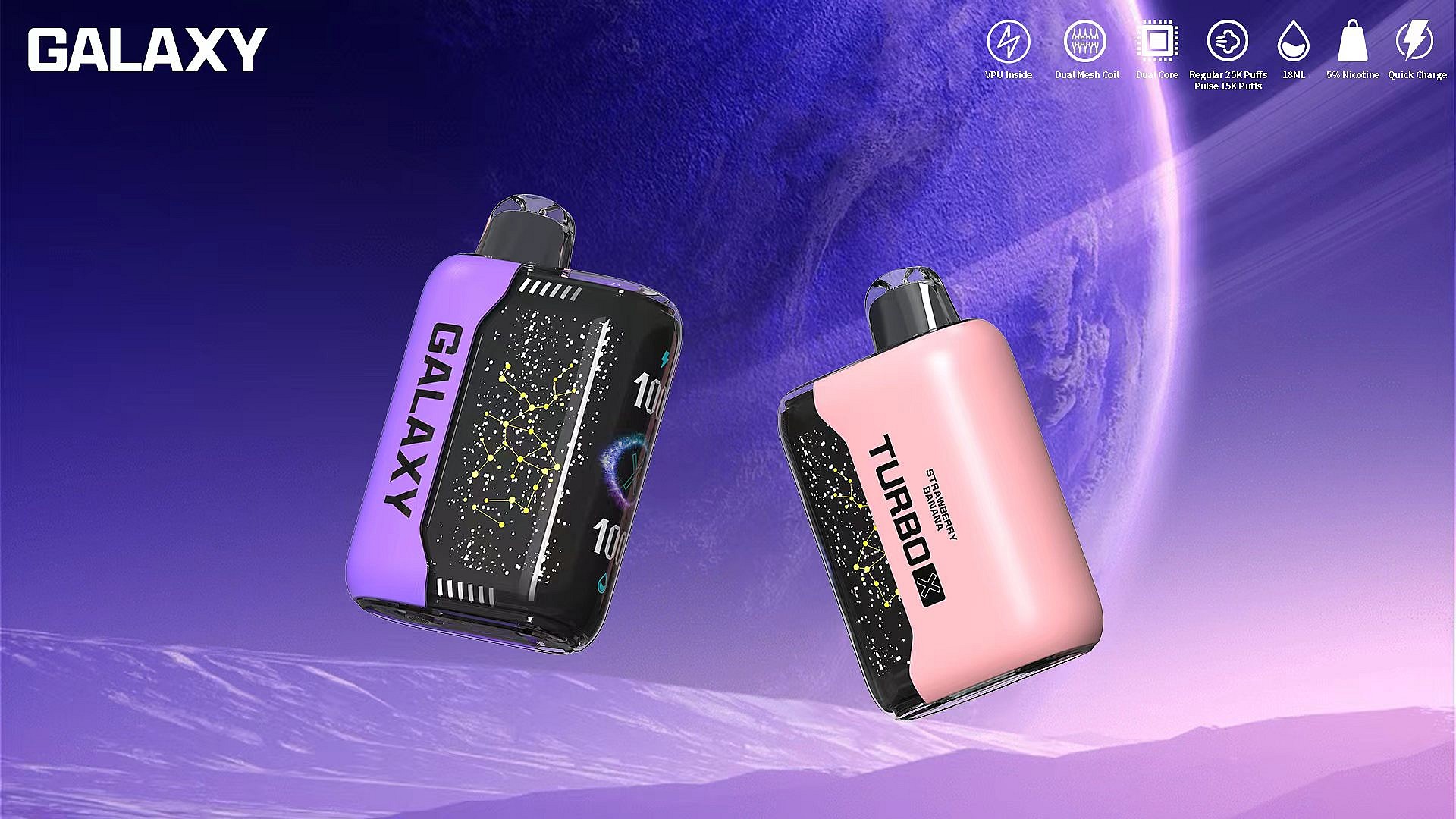 GALAXY 30000 POSTER 1 - SleekVape Två färgglada vape-enheter, en lila märkt "GALAXY" och en rosa märkt "TURBO X", som flyter mot en lila kosmisk bakgrund med en planet i fjärran.