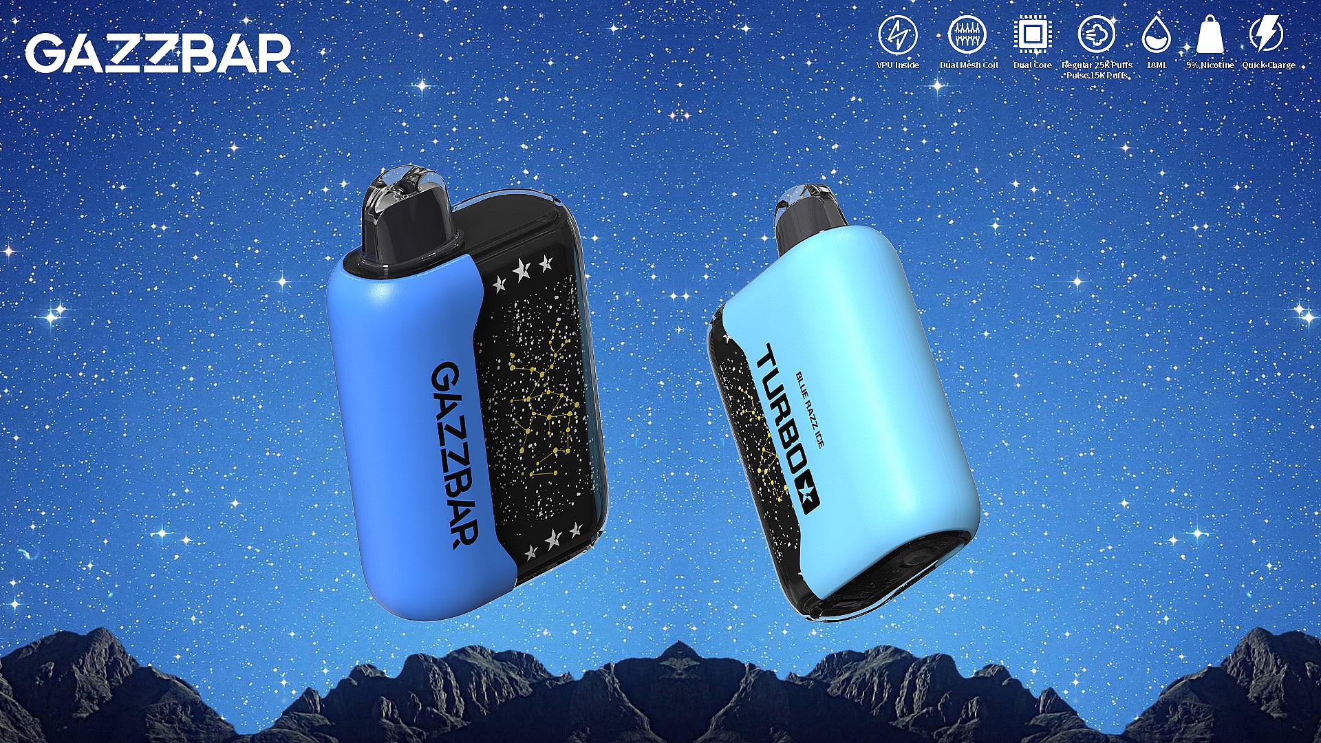 Gazzbar 30000 Disposable Vape - Unleash 30k Puffs of Premium Flavor and Style - Banner - SleekVape Two disposable vape devices, labeled "GAZZBAR" and "TURBOX" respectively, floating against a starry sky background with mountain silhouettes below. The GAZZBAR device is black with star designs, and the TURBOX is light blue with constellation patterns. Icons along the top indicate features such as "Dual Mesh Coil" and "Quick Charge."