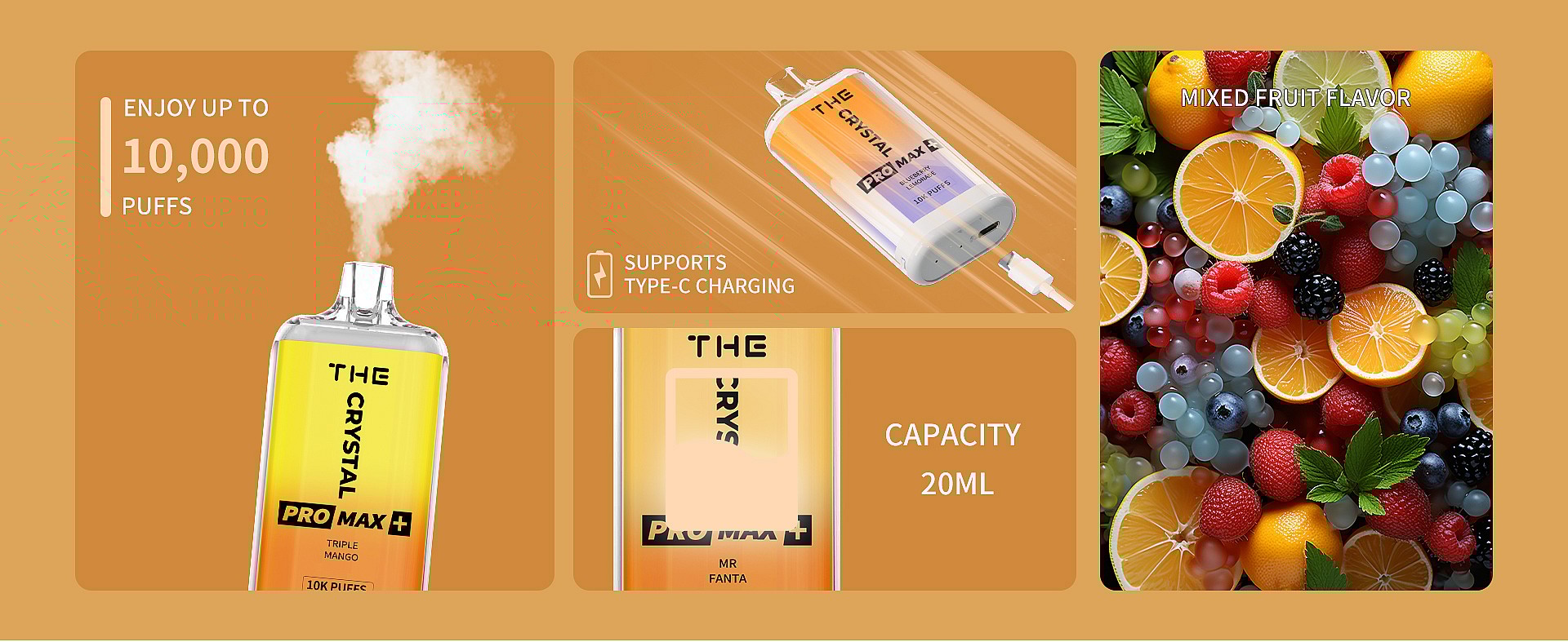 WGA Crystal Pro Max Extra 10000 Puffs Features - SleekVape Disposable vape device with mixed fruit flavor, 20ml capacity, up to 10,000 puffs, and Type-C charging support.