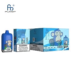 Dispositif de vaporisation jetable bleu avec un dessin de singe sur l'emballage et sur le dispositif lui-même. L'emballage comporte un avertissement sur la nicotine.