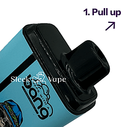 Close-up of a vape device with a mouthpiece partially pulled up and a text instruction reading "1. Pull up" with an arrow pointing upwards.