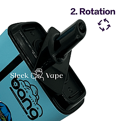 Vape device with a rotated mouthpiece for use.
