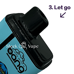 Nahaufnahme eines Vape-Geräts mit Mundstück und der Aufschrift „3. Let go“ und „Sleek Vape“.