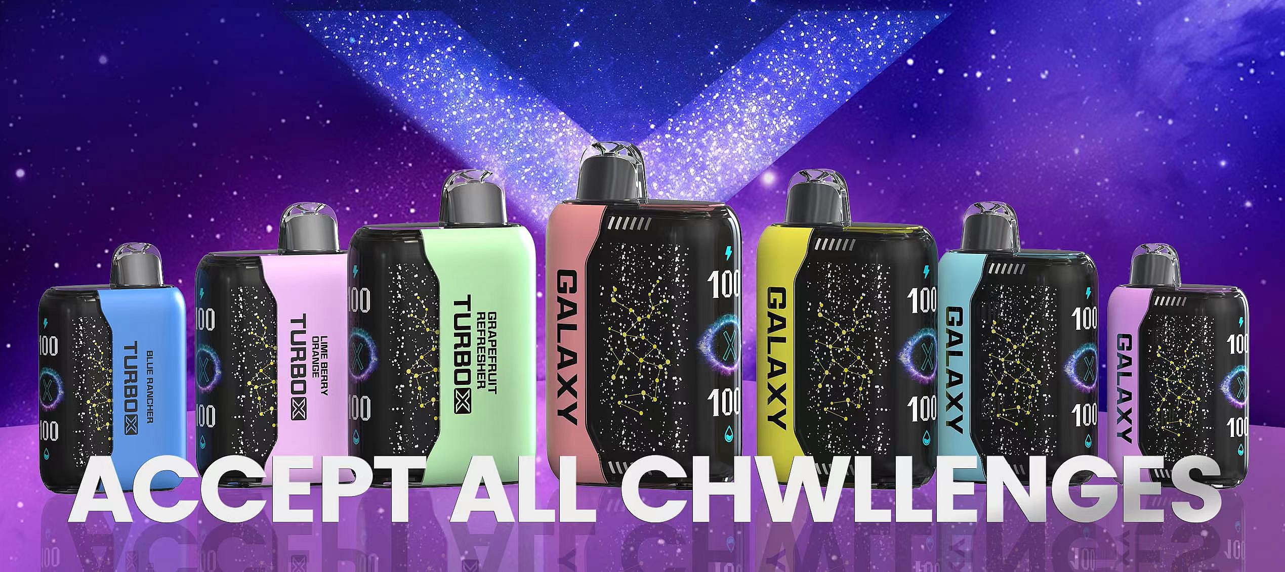 GALAXY 30000 POSTER 2 - SleekVape En mängd färgglada vape-enheter med varumärkena "GALAXY" och "TURBOX" visas mot en kosmisk bakgrund med texten "ACCEPT ALL CHWLLENGES" under dem.