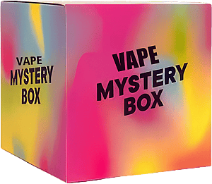 Levande, mångfärgad låda märkt "Vape Mystery Box".