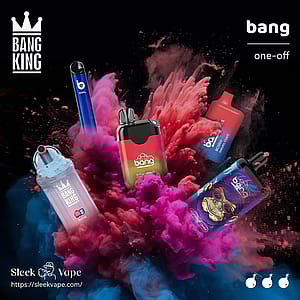 Olika Bang vape-produkter visas mot en livlig explosion av färgglad rök, med olika design och varumärken, med en "Bang King"-logotyp och "Sleek Vape"-webbplats längst ner.