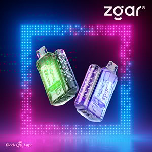 Due eleganti dispositivi di svapo trasparenti con il marchio "zgar" in evidenza, uno in verde e l'altro in viola, fluttuano su uno sfondo di luci al neon che formano una cornice quadrata.