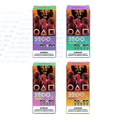 Quattro coloratissime scatole di prodotti da svapo con personaggi mascherati, forme (cerchio, triangolo, quadrato) e il testo "5200 PUFFS" con un'etichetta di avvertimento sulla nicotina in basso.