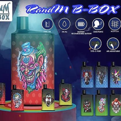 Dispositivo da svapo colorato con un design grafico da clown, dotato di specifiche come capacità di 10 ml di olio, nicotina 5%, batteria ricaricabile da 650 mAh, 5000 puff, coil a rete, porta Type-C e impostazioni regolabili dell'aria.
