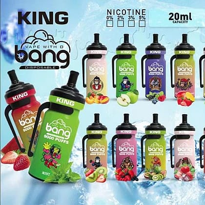 Una selección de 16 vapes desechables Bang King de varios sabores, cada uno etiquetado con "9000 caladas", "capacidad de 20ml" y "batería recargable de 600mAh".