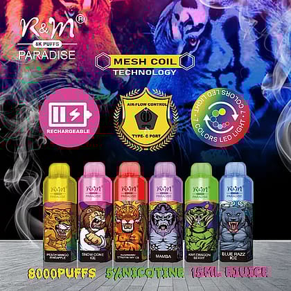 Le penne da svapo usa e getta di R&M Paradise hanno un design a forma di animale, con 8000 puff, nicotina 5%, 15ml di e-juice, ricaricabili tramite porta Type-C, tecnologia mesh coil, controllo del flusso d'aria e luce LED a 7 colori.