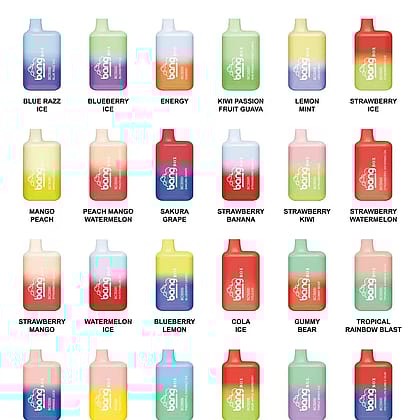 A grid of colorful disposable vape devices with various flavors labeled, including Blue Razz Ice, Blueberry Ice, Energy, Kiwi Passion Fruit Guava, Lemon Mint, Strawberry Ice, Mango Peach, Peach Mango Watermelon, Sakura Grape, Strawberry Banana, Strawberry Kiwi, Strawberry Watermelon, Strawberry Mango, Watermelon Ice, Blueberry Lemon, Cola Ice, Gummy Bear, Tropical Rainbow Blast, Orange Juice, Peach Ice, Pineapple Coconut Ice, Sour Apple Raspberry, Triple Berry Ice, and Watermelon Bubble Gum.