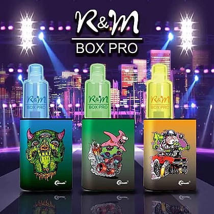 R&M Box Pro Vaping-Geräte mit lebendigen, kantigen Grafiken auf einem bunten städtischen Hintergrund.