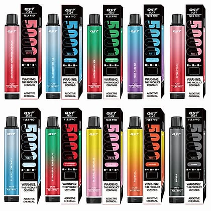 A display of multiple colorful disposable vape pens with packaging, labeled "5000 Puffs" and "QST Flex Pro," with a health warning about nicotine addiction.