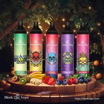 Five colorful vape pens with skull designs, labeled "bang king," are displayed on a wooden platform surrounded by assorted fruits, including kiwi, banana, strawberries, blueberries, and raspberries.
