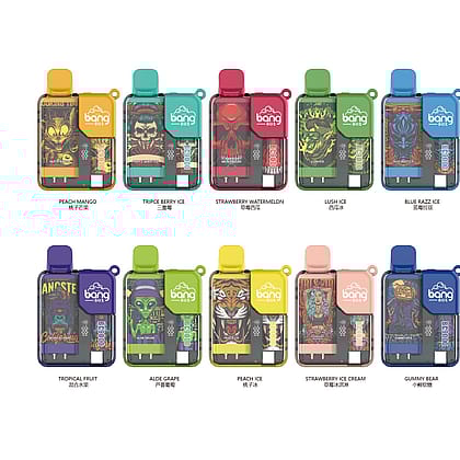 A display of 10 Bang Box vape devices in various colors, each labeled with a different flavor such as Peach Mango, Tripe Berry Ice, and Blue Razz Ice, with detailed artwork on the packaging.