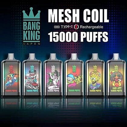 Appareils de vapotage Bang King avec mesh coil, rechargeables en Type-C, offrant 15 000 bouffées chacun, présentés dans différents designs et couleurs.
