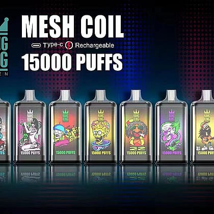 Dispositivos de vapeo Bang King con bobina de malla, recargables Tipo-C, que ofrecen 15.000 caladas cada uno, expuestos en varios diseños y colores.