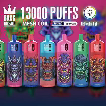 Colorful vape devices with intricate mask designs, labeled "Bang Tornado 13000 Puffs" and various technical details on a pink background.