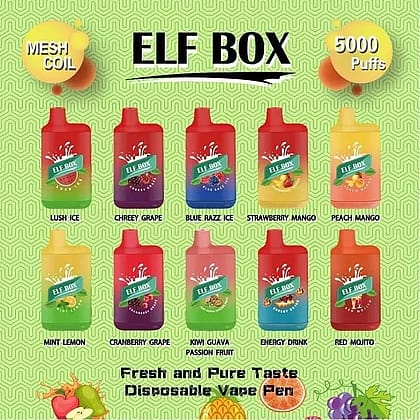 Imagen que muestra diez vapeadores desechables ELF BOX en varios colores, cada uno etiquetado con un sabor diferente como "Lush Ice", "Chreey Grape", "Blue Razz Ice", "Strawberry Mango", "Peach Mango", "Mint Lemon", "Cranberry Grape", "Kiwi Guava Passion Fruit", "Energy Drink" y "Red Mojito". El texto indica "Bobina de malla", "5000 Puffs" y "Sabor fresco y puro".