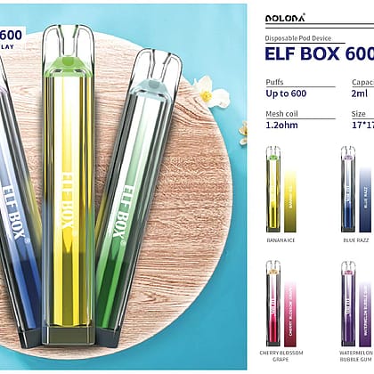 Présentation du produit ELF BOX 600 en différentes couleurs et saveurs, montrant les caractéristiques de l'appareil telles que 600 bouffées, une capacité de 2 ml, une batterie de 450 mAh et une bobine de 1,2 ohm.