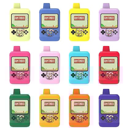 Dispositivi da svapo rettangolari colorati che assomigliano a mini console da gioco retrò, ciascuno con uno schermo che visualizza "R&M Funbox" e un personaggio dei cartoni animati sotto lo schermo.