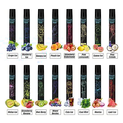 Una collezione di 20 penne da vape con diversi gusti di frutta, ognuna con un design unico sulla confezione. I gusti includono Ghiaccio d'uva, Ghiaccio di mirtillo, Ghiaccio di banana, Ghiaccio di pesca, Anguria di fragola, Limonata rosa, Ghiaccio di Guava, Pina Colada, Ghiaccio di melone, Banana di fragola, Bacche di kiwi, Bacche miste, Ghiaccio di cola, Menta fresca, Mamba e Ghiaccio di lush.
