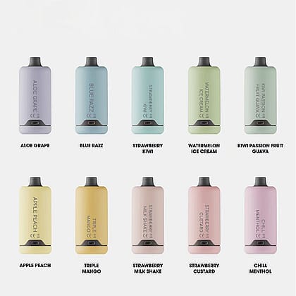 Ten cylindrical vape devices in various pastel colors, each labeled with different flavors, including Aloe Grape, Blue Razz, Strawberry Kiwi, Watermelon Ice Cream, Kiwi Passion Fruit Guava, Apple Peach, Triple Mango, Strawberry Milk Shake, Strawberry Custard, and Chill Menthol.