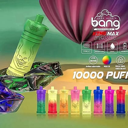 Un dispositivo da svapo usa e getta colorato con un design a teschio, che offre 10.000 boccate, flusso d'aria regolabile, LED RGB e ricarica Type-C.
