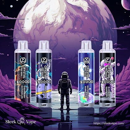 Astronaut standing on a surreal landscape with a large planet in the background, surrounded by four vape devices labeled "Crystal Pro Max 10000," each with different flavors and futuristic designs.
