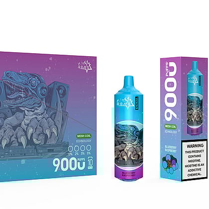 Packaging of a blueberry raspberry flavored disposable vape with 9000 puffs, featuring a dinosaur illustration on the box and device, with a nicotine warning label.