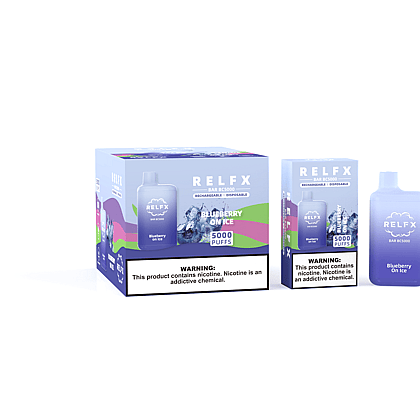 RELFX disposable vape packaging for "Blueberry on Ice" flavor, featuring a 5000 puffs capacity and a nicotine warning label.