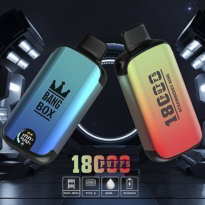 Two colorful vaping devices labeled "Bang Box" and "18,000 Puffs" with features listed below, including dual mesh, Type-C, 26ml capacity, and 850mAh battery, set against a futuristic background.