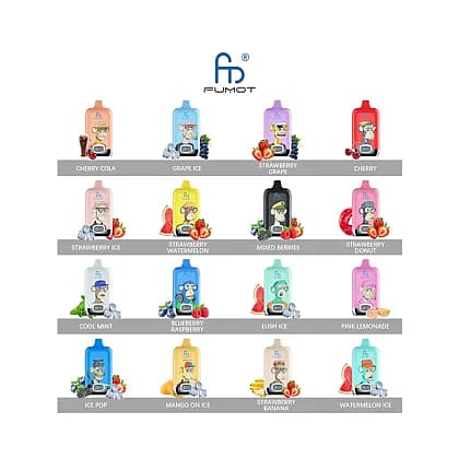 Les arômes de vape Fumot comprennent Cherry Cola, Grape Ice, Strawberry Grape, Cherry, Strawberry Ice, Strawberry Watermelon, Mixed Berries, Strawberry Donut, Cool Mint, Blueberry Raspberry, Lush Ice, Pink Lemonade, Ice Pop, Mango on Ice, Strawberry Banana, et Watermelon Ice.