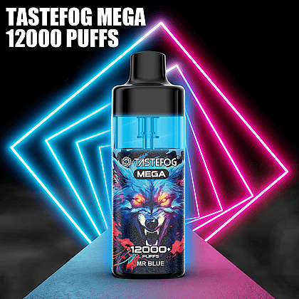 "Tastefog Mega 12000 Puffs Mr Blue" vape device with neon light background
