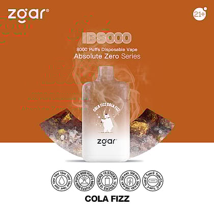 Immagine promozionale per zgår IB8000, vape monouso, gusto Cola Fizz, 8000 puff, parte della serie Absolute Zero, con una bottiglia bianca con l'immagine di un orso polare e varie icone del prodotto.