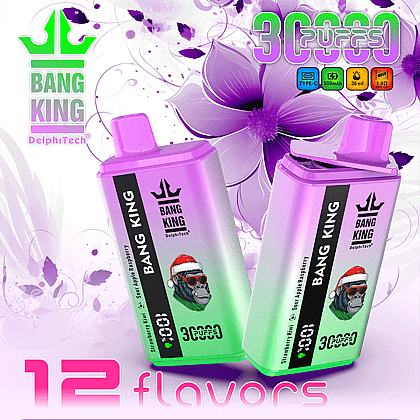 Immagine promozionale dei dispositivi per svapo monouso Bang King con colorazione sfumata verde e viola, che presenta le caratteristiche principali come 3000 boccate, 12 aromi e ricarica Type-C, il tutto esposto su uno sfondo floreale.