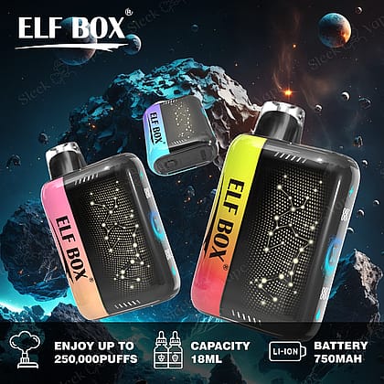 ELF BOX disposable vape with a futuristic design, offering up to 250,000 puffs, 18ml capacity, and a 750mAh Li-ion battery, set against a space-themed background with asteroids and planets.
