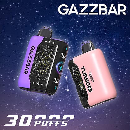 Two GAZZBAR Turbo+ disposable vape devices floating in space, one in purple and black, the other in pink and black, with "30,000 puffs" text at the bottom.