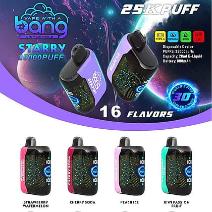 Immagine promozionale di "Vape with a Bang", vaporizzatore usa e getta stellato con 25.000 boccate, 16 gusti, schermo curvo 3D, batteria da 800 mAh e capacità di e-liquid di 28 ml, con gusti come fragola e anguria, soda alla ciliegia, ghiaccio alla pesca e kiwi e frutto della passione.